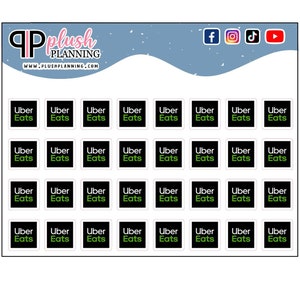 Peut inclure: Feuille d'autocollants pour planificateur avec le logo Uber Eats dans un carré noir avec un bord blanc. Les autocollants sont disposés en rangées et en colonnes sur un fond blanc. Le haut de la feuille présente le logo Plush Planning et des icônes de médias sociaux.