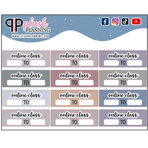 Puede incluir: Una hoja de pegatinas para planificador con el texto "online class" y "TO" en varios colores. Las pegatinas rectangulares tienen un espacio para escribir. La parte superior de la hoja muestra el logotipo de Plush Planning e iconos de redes sociales.