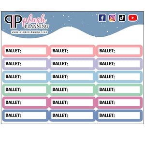 May include: A printable planner page with a blue, white, and pink color scheme. The page is divided into 18 sections, each labeled "BALLET:" and has a blank space for writing. The page is designed for planning ballet classes.