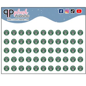May include: A sheet of stickers featuring the Starbucks logo. The stickers are round with a green and white design. The sheet also includes the Plush Planning logo and social media icons.