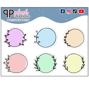 May include: A sheet of planner stickers featuring six pastel-colored circles with black outlines and floral accents. The stickers have a white border and the text "Plush Planning" is visible.