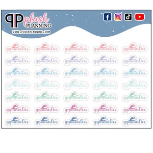 Puede incluir: Una hoja de 25 pegatinas con la palabra "gimnasia" escrita en una variedad de colores pastel. Las pegatinas son perfectas para planificadores, diarios y otros proyectos de manualidades.