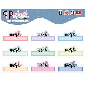 Puede incluir: Nueve pegatinas rectangulares de color pastel con la palabra "trabajo" escrita en cursiva negra. Las pegatinas están dispuestas en tres filas de tres.