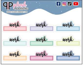 May include: Nine pastel colored rectangular stickers with the word "work" written in black cursive. The stickers are arranged in three rows of three.