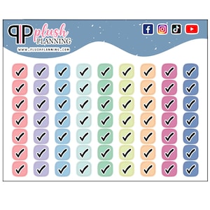 Puede incluir: Una hoja de pegatinas cuadradas de colores con una marca de verificación en el centro de cada pegatina. Las pegatinas están dispuestas en filas y columnas. Los colores de las pegatinas son rosa, azul claro, verde claro, amarillo y morado claro.