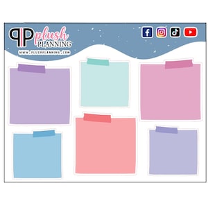 May include: A sheet of pastel colored sticky notes with a white border and a decorative tape accent on each note. The notes are arranged in a grid pattern. The sheet is on a blue background with white snowflakes. The text "Plush Planning" is in the top left corner of the sheet. Social media icons are in the top right corner of the sheet.