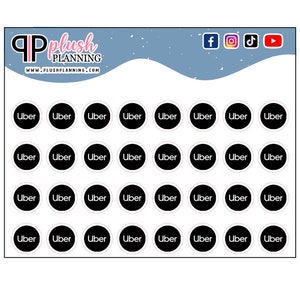 May include: A sheet of 30 black and white Uber logo stickers. The stickers are round and have a white border. The stickers are arranged in a grid of 8 rows and 4 columns.