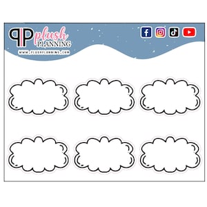 May include: Six blank cloud shaped stickers with a black outline. The stickers are on a blue background with a white wave.