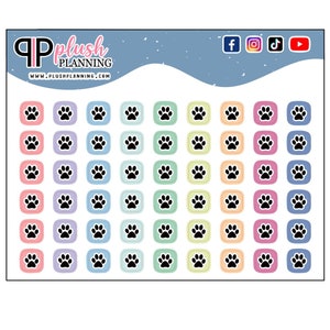 May include: A sheet of colorful paw print stickers with a white border. The stickers are arranged in rows of 8, with each row featuring a different pastel color. The stickers are perfect for adding a touch of whimsy to planners, journals, and other craft projects.