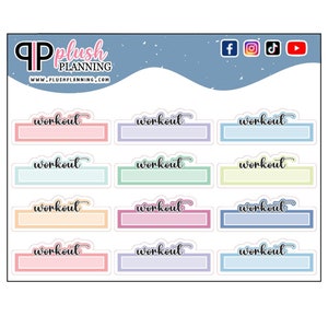 May include: Twelve pastel-colored rectangular stickers with rounded corners. Each sticker has a white outline and the word "workout" written in black cursive.