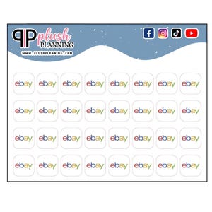 May include: A sheet of white stickers with the eBay logo in a grid pattern. The stickers are arranged on a white background. The top of the sheet has the Plush Planning logo and social media icons.