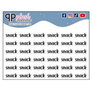May include: A sheet of white sticker paper with six rows of six black "snack" stickers. The stickers are arranged in a grid pattern.