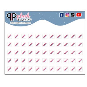 May include: A white sheet of planner stickers with a light blue and white header. The stickers are small squares with the word "Source" in red. The header includes social media icons for Facebook, Instagram, TikTok, and YouTube, and the website address www.plushplanning.com.