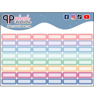 May include: A sheet of pastel colored rectangular planner stickers with rounded corners. The stickers are in shades of pink, purple, blue, green, orange, and light blue. The stickers are blank and can be used for writing notes, appointments, or other information.