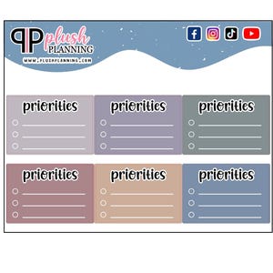 May include: Six pastel colored printable planner stickers with the word "priorities" and blank lines for writing. The stickers are designed for use in a planner or journal.