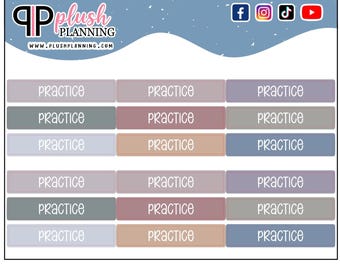 May include: A sheet of planner stickers with the word "PRACTICE" in white on rectangular labels. The labels are in various muted colors, including gray, mauve, and tan. The top of the sheet has the "Plush Planning" logo and social media icons.