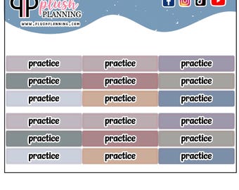 May include: A planner sticker sheet with the text "practice" repeated in various pastel colors. The top of the sheet has the logo for Plush Planning and social media icons.