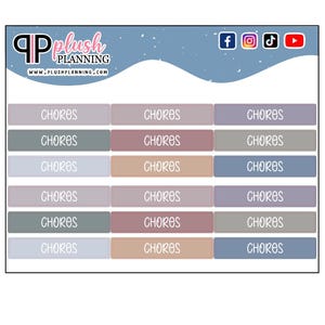 May include: A set of 18 printable chore stickers in various shades of blue, brown, and beige. The stickers feature the word "CHORES" in white text.