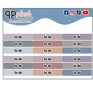May include: A planner sticker sheet with the text "to do" in a variety of colors. The top of the sheet has the "Plush Planning" logo and social media icons. The website address is also visible.