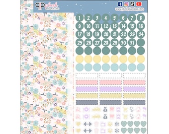 Op de afbeelding: Een set kleurrijke planner stickers met een bloemenpatroon. De stickers bevatten een kalender, dagen van de week en verschillende pictogrammen zoals een auto, een huis, een dokter, een halter, een prullenbak, een tv, een pootprint, een bloem en een hart. De stickers zijn perfect om je planner te organiseren en een vleugje persoonlijkheid toe te voegen.