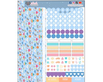 Op de afbeelding: Een printbare planner-stickerblad met een regenboog-, wolk- en zonontwerp. Het blad bevat een kalender, een dagschema en verschillende pictogrammen voor afspraken, vergaderingen en andere evenementen. De stickers zijn in pastelkleuren en hebben een schattig, speels ontwerp.