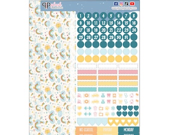 Op de afbeelding: Een bedrukbare planner-stickerblad met een regenboog-, zon- en wolkenpatroon. Het blad bevat een kalender, dagelijkse plannervakjes en verschillende pictogrammen voor afspraken, maaltijden, werk en andere activiteiten. Het blad bevat ook dagen van de week en zinnen zoals "geen school", "betaaldag", "ziek", "vergadering" en "uit eten gaan".