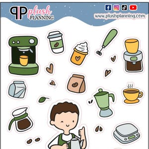 Peut inclure: Une planche d'autocollants avec des illustrations sur le thème du café. Comprend une cafetière, des tasses à café, un barista, des grains de café et d'autres articles liés au café. Le mot "BARISTA" est écrit sur l'autocollant. Fond blanc.
