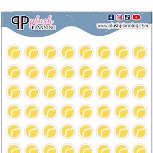 May include: Sheet of stickers featuring a repeating pattern of yellow tennis ball designs with white borders. The stickers have a curved line detail within the yellow circle. The top of the sheet has the text "plush PLANNING" and social media icons.