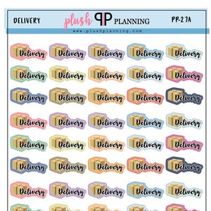 May include: Sheet of planner stickers featuring the word "Delivery" in a script font, above a small box illustration. The stickers are in various pastel colors, with the text "plush planning" at the top.