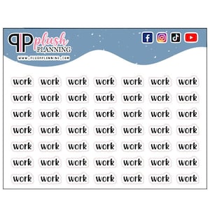 Puede incluir: Una hoja de pegatinas blancas con la palabra "trabajo" repetida 49 veces en texto negro. Las pegatinas están dispuestas en una cuadrícula sobre un fondo azul.