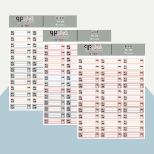 Op de afbeelding: Een set van drie vellen met 'factuur vervallen'-stickers met 39 stickers per vel. De stickers zijn in verschillende tinten roze, bruin en grijs. Elke sticker heeft een ruimte om de factuurnaam en vervaldatum te schrijven. De stickers zijn gelabeld met 'Selene', 'Gaya' en 'Erose'.