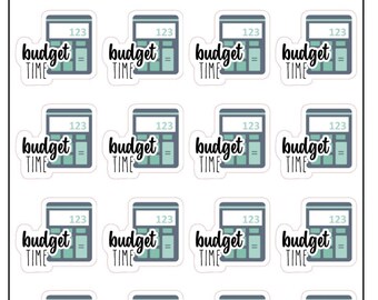 May include: A sheet of 16 stickers featuring a calculator with the text "budget time" and the number "123" on the display. The stickers are white with a blue calculator and green text.