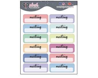 May include: A set of 12 pastel-colored planner stickers with the word "meeting" written in black cursive. Each sticker has a blank space for writing in the time or topic of the meeting.
