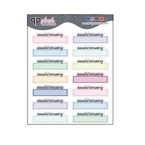 May include: A sheet of 12 pastel-colored planner stickers with the word "anniversary" written in black cursive on each sticker.
