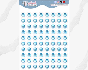 May include: A sheet of 64 blue and white AT&T logo stickers. The stickers are round and have a white outline.
