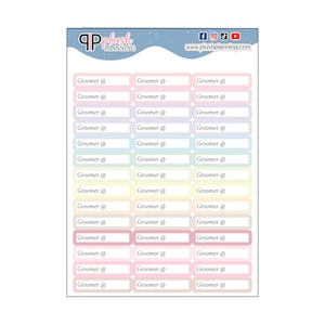 May include: A sheet of pastel-colored printable stickers with the text "Groomer @" repeated on each sticker. The stickers are designed for use in a planner or journal.