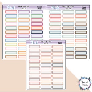 May include: A set of three sheets of rectangular planner stickers with various colors and designs. The stickers are labeled "Plush minis" and include "Mix Colors", "PP Colors", and "Neutrals".
