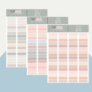 May include: Four sheets of rectangular stickers with 68 stickers per sheet. Each sheet has a different color scheme: gray, blue, pink, and beige. The stickers are all the same size and shape, and they are arranged in rows and columns. The sheets are labeled with the names "Selene", "Gaya", "Erose", and "QP Plush Planning".
