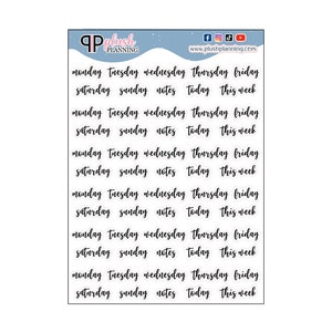 Könnte beinhalten: Eine Blatt mit transparenten Planer-Aufklebern mit schwarzem Text. Die Aufkleber enthalten die Wochentage, "Notizen", "Heute" und "Diese Woche".