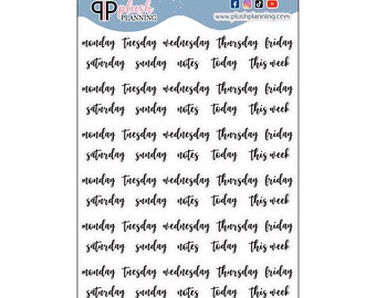 Days of the Week Planner Stickers, Black Script, Notes (Removable Matte)