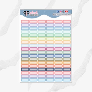 May include: A sheet of 60 pastel colored rectangular planner stickers with rounded corners. The stickers are blank and can be used for labeling, organizing, or decorating. The stickers are arranged in 10 rows of 6 stickers each. The stickers are on a white background. The text "Plush Planning" is at the top of the sheet.