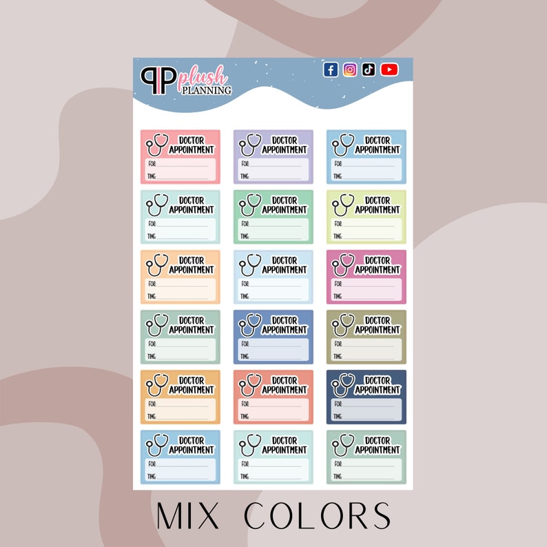 Op de afbeelding: Een set van 18 printbare doktersafspraak stickers in verschillende pastelkleuren. Elke sticker heeft een stethoscoopicoon en ruimte om de datum, tijd en reden voor de afspraak te schrijven. De stickers zijn gelabeld met "Doktersafspraak" en "Mix Kleuren".