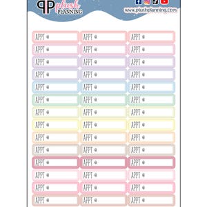 May include: A planner sticker sheet featuring rectangular labels in pastel shades. Each label is marked "APPT @" with space for notes. The top of the sheet displays the "Plush Planning" logo and social media icons, with a website address.
