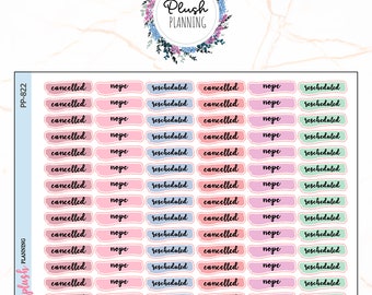 Cancelled, NOPE, Rescheduled Script with Solid Background Planner Stickers, Mix Colors, Plush Planning