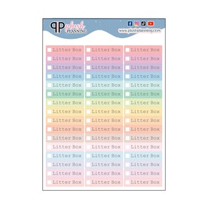 May include: A sheet of pastel coloured stickers with the text "Litter Box" repeated on each sticker.