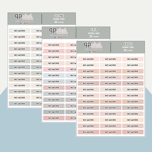 May include: Four sheets of stickers with the text "No Work" repeated on each sticker. The stickers are in various shades of pink, beige, and gray. The sheets are labeled with the names "Selene", "Gaya", "Ekose", and "Pplush Planning".