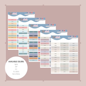 Op de afbeelding: Vijf vellen met planner stickers met de tekst "Work" die op elke sticker wordt herhaald. De stickers zijn in verschillende kleuren, waaronder blauw, groen, roze, oranje en grijs. De tekst "AVAILABLE COLORS" staat onder de stickers, gevolgd door een lijst met kleuren: MIX, PP, EC, FLORA, NEUTRAL.