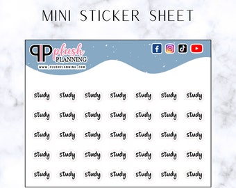 May include: A mini sticker sheet with the word "study" in a handwritten font. The stickers are white with a black border and are arranged in rows. The sheet also includes the text "MINI STICKER SHEET" and the seller's logo and social media icons.