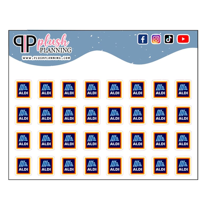 May include: A sheet of planner stickers featuring the Aldi logo in a blue square with white text. The stickers are arranged in rows and columns. The top of the sheet has the text "Plush Planning" and social media icons.