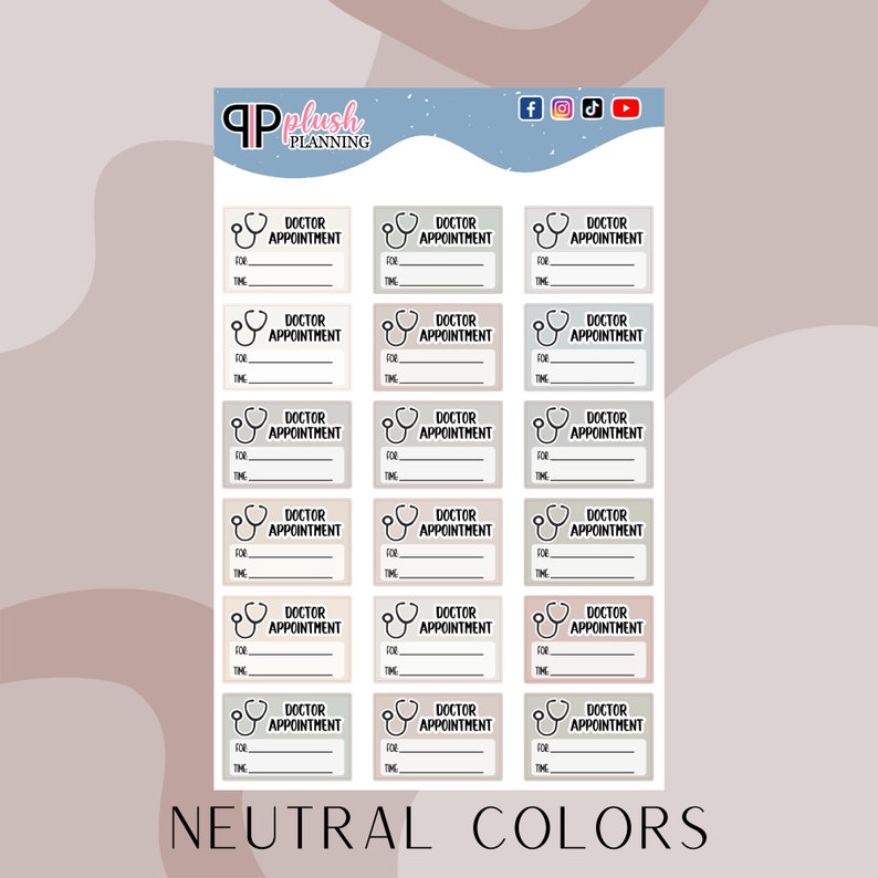 Op de afbeelding: Een set van 18 printbare stickers voor een planner of dagboek. De stickers zijn in neutrale kleuren en hebben een stethoscoopicoon met de tekst "Doktersafspraak" en lege regels om de datum, tijd en reden voor de afspraak in te vullen.